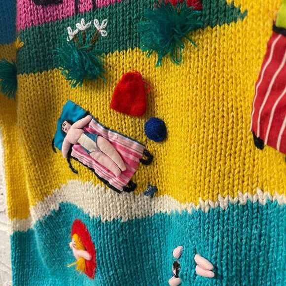 Vintage 80s 3D Hand-Knit Beach Scene Sweater โ Whimsical Summer Coastal Kitsch - Picture 5 of 11